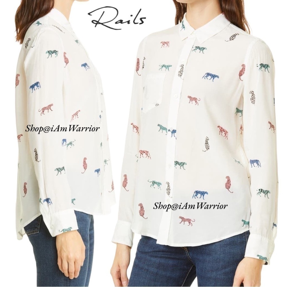 Rails Colorful Cat Print Long Sleeve Collared Vis… - image 3
